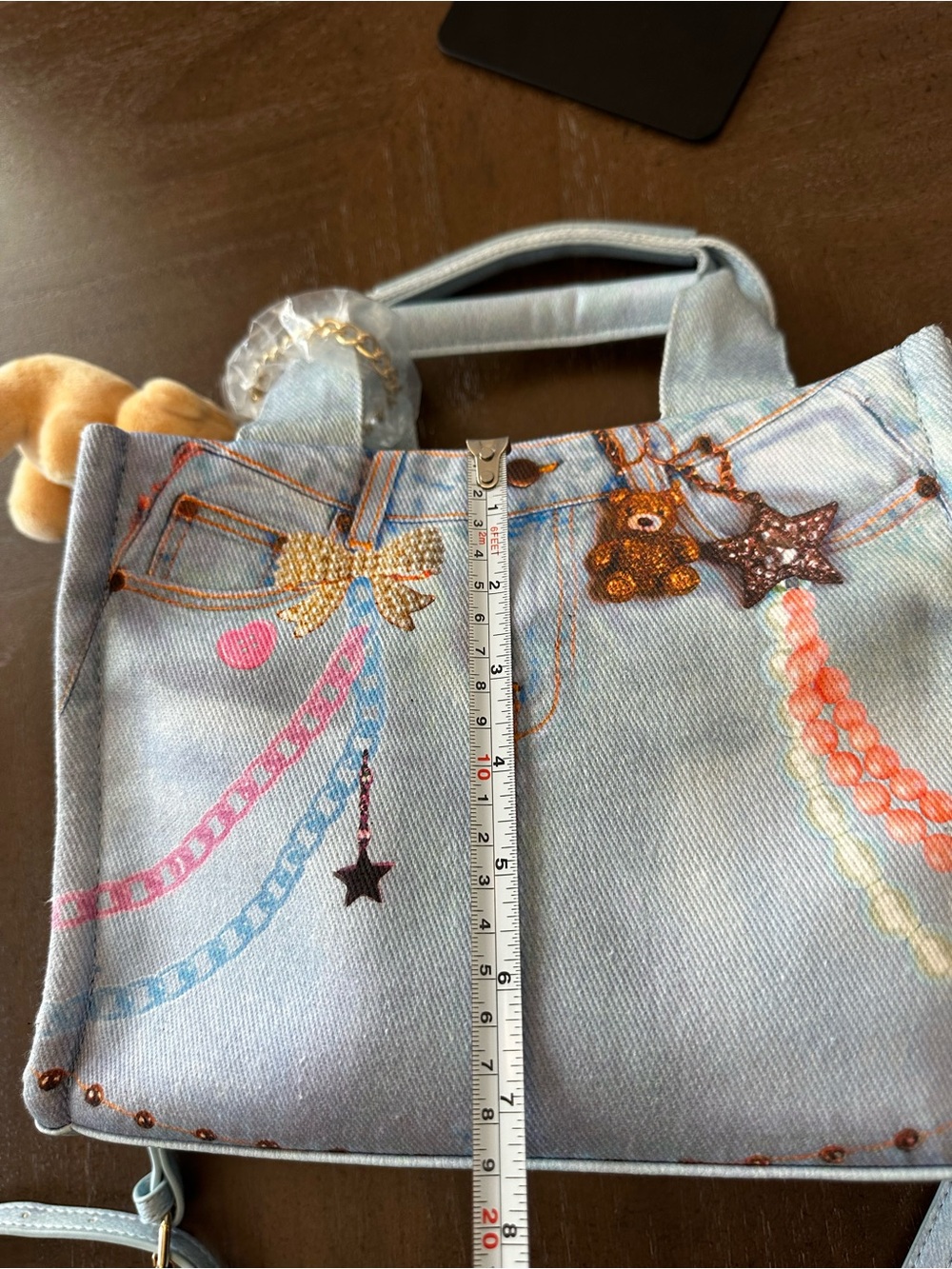 Betsey Johnson Light Blue Denim Tote with Teddy Charm w/ removable strap - Picture 10 of 16